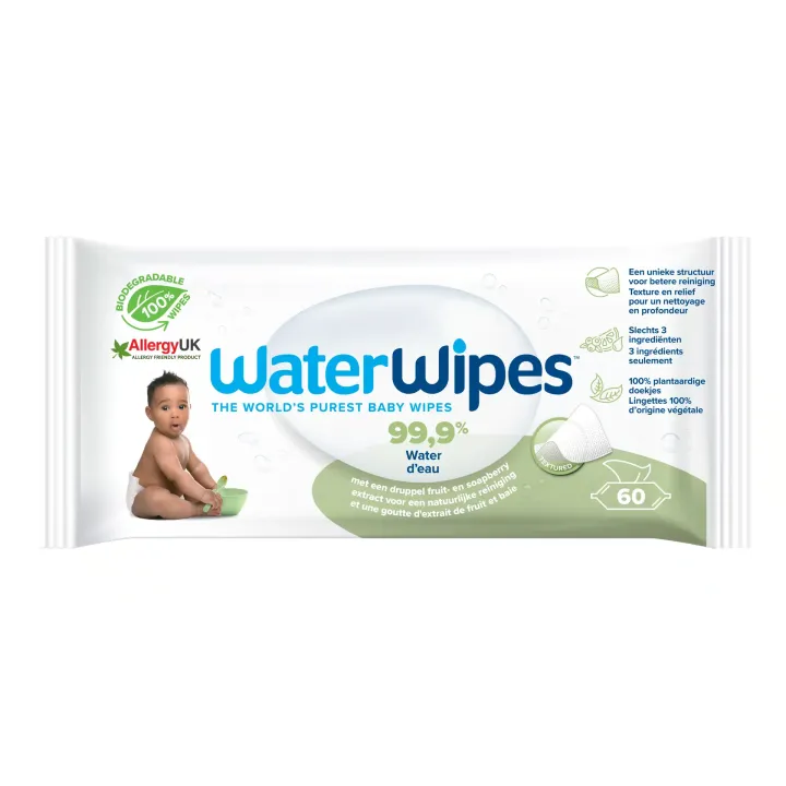 Lingettes nettoyantes b&eacute;b&eacute; peaux sensibles WaterWipes - paquet de 60 lingettes