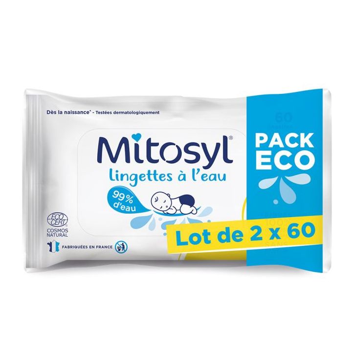 Lingettes &agrave; l'eau Mitosyl - lot de 2 packs de 60 lingettes