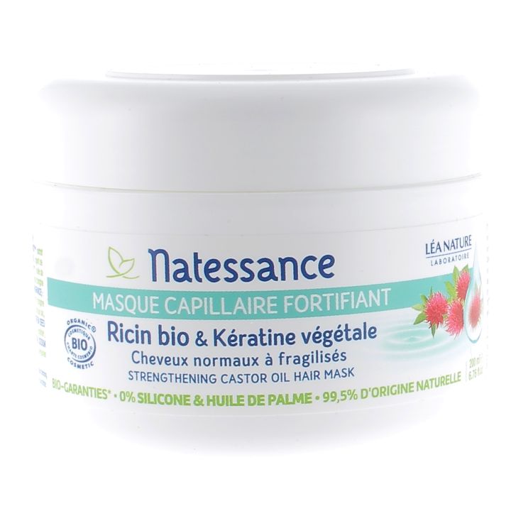 Masque capillaire fortifiant Ricin bio et K&eacute;ratine v&eacute;g&eacute;tale Natessance - Pot de 200ml