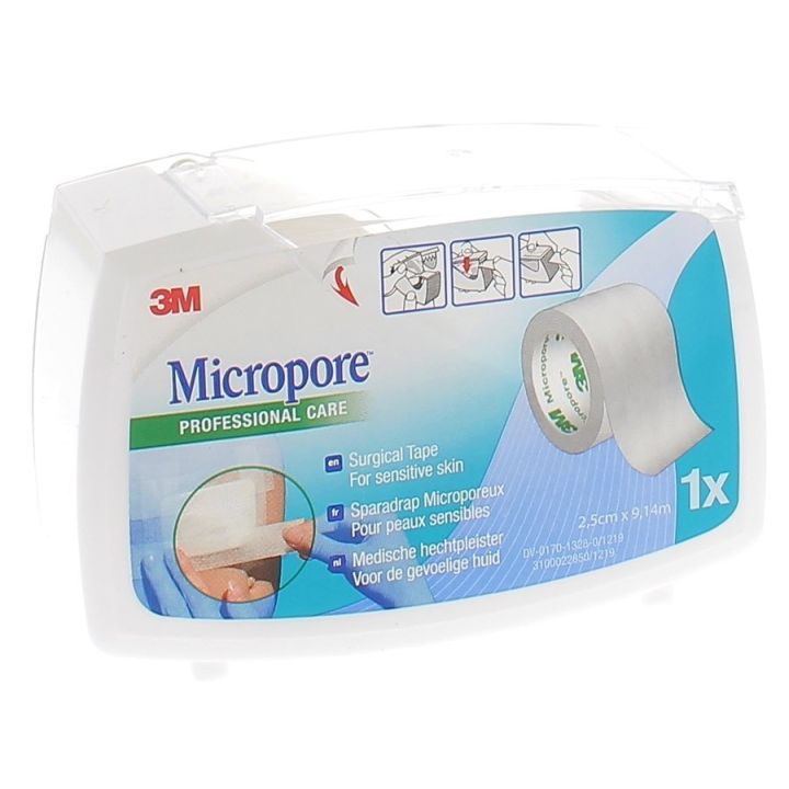 Micropore Sparadrap blanc avec d&eacute;vidoir 3M - rouleau de 2,5 cm x 9,14 m