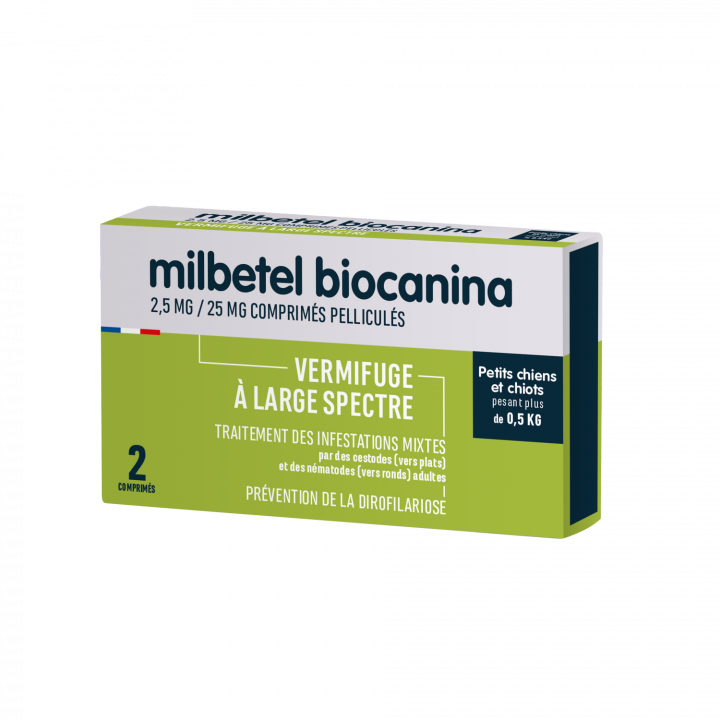 Milbetel 2,5mg/25mg vermifuge petits chiens et chiots +0,5kg Biocanina - bo&icirc;te de 2 comprim&eacute;s