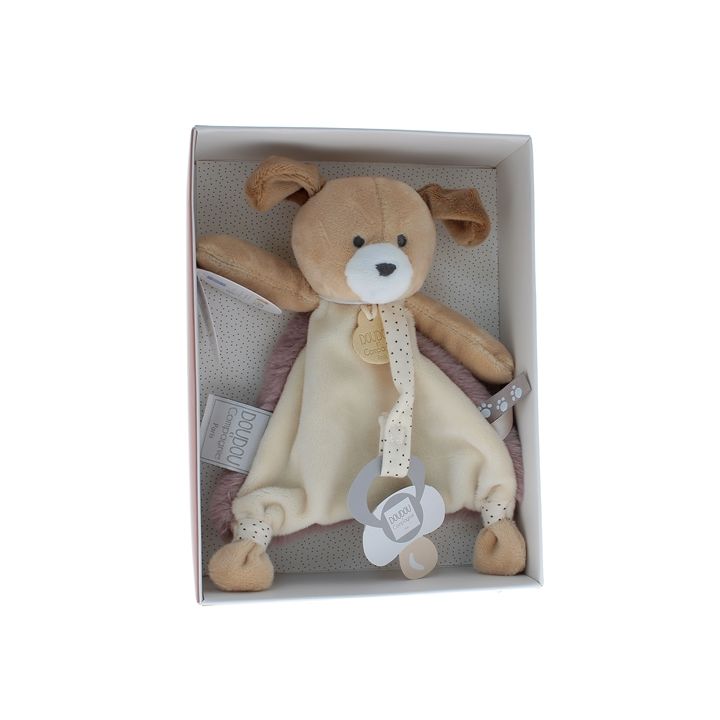 Mini doudou chien attache sucette Doudou et compagnie - bo&icirc;te avec doudou de 15 cm