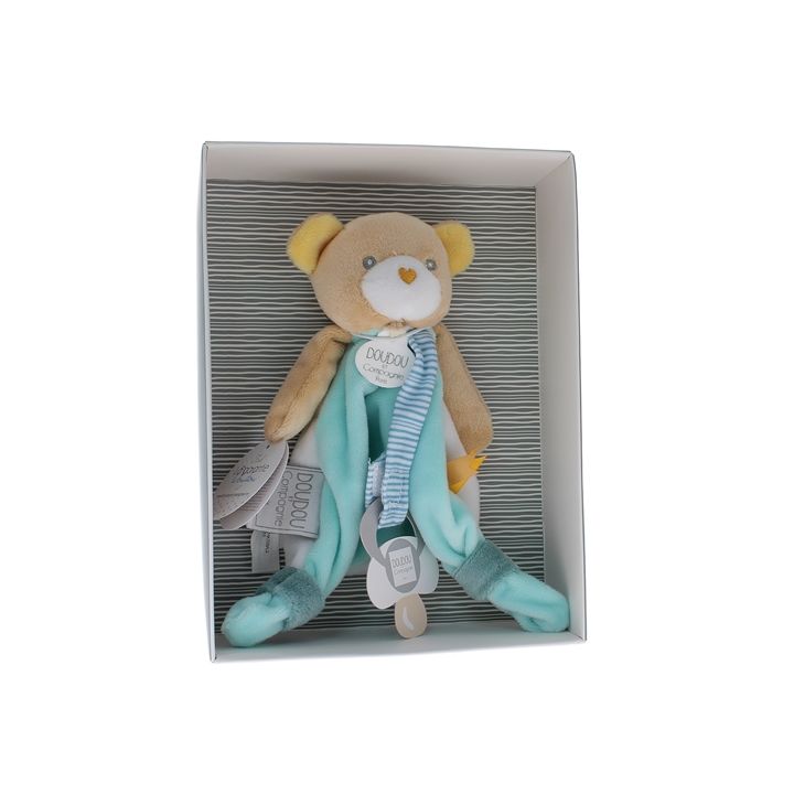 Mini doudou ours attache sucette Doudou et compagnie - bo&icirc;te avec doudou de 15 cm