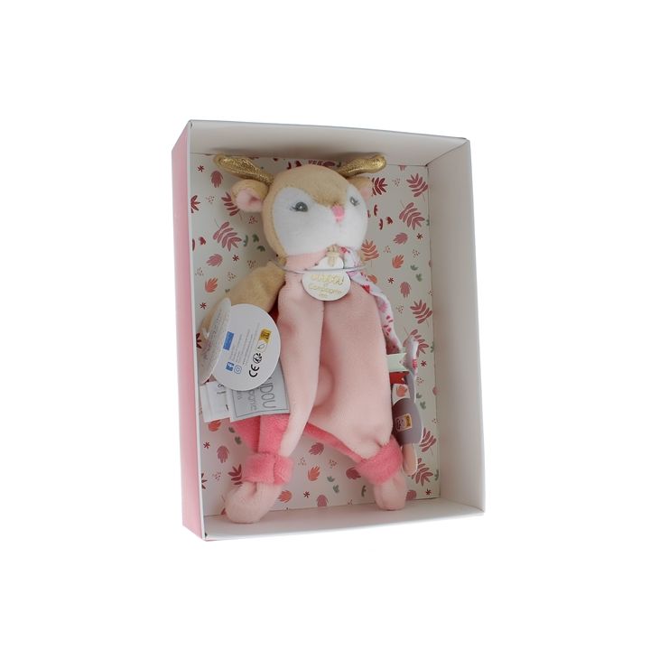 Mini doudou renne attache sucette Doudou et compagnie - bo&icirc;te avec doudou de 15 cm