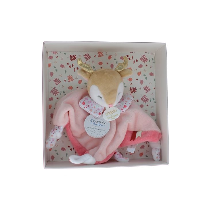 Mini doudou renne rose Doudou et compagnie - bo&icirc;te avec doudou de 20 cm