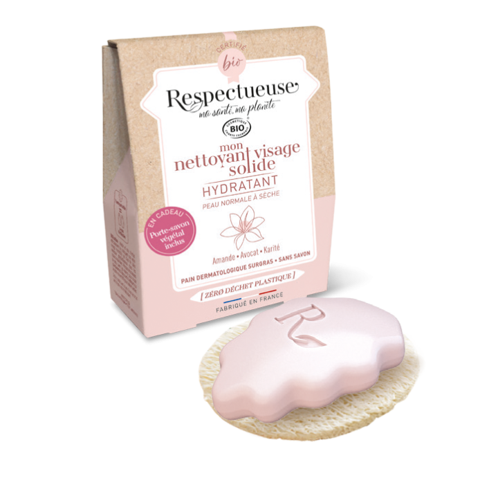 Mon nettoyant visage solide hydratant bio Respectueuse - pain de 35g + porte-savon v&eacute;g&eacute;tal offert