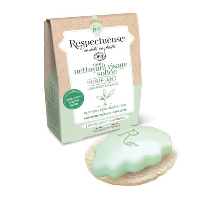 Mon nettoyant visage solide purifiant bio Respectueuse - pain de 35g + porte-savon v&eacute;g&eacute;tal offert