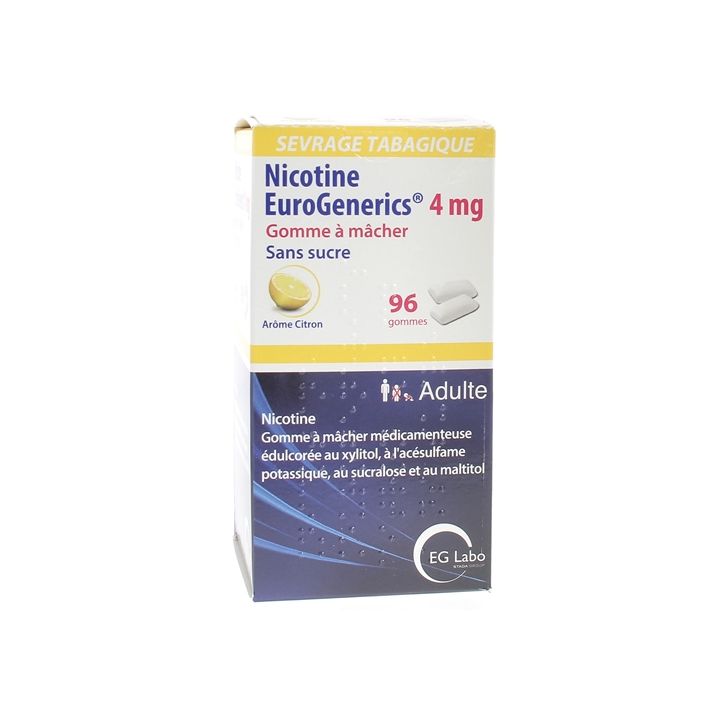 Nicotine EuroGenerics 4mg sans sucre ar&ocirc;me citron - bo&icirc;te de 96 gommes &agrave; m&acirc;cher