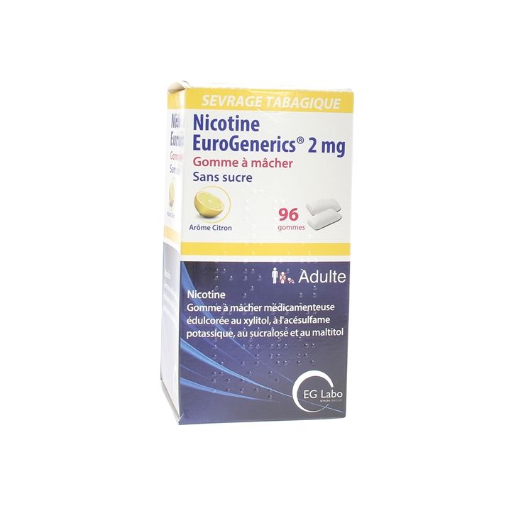 Nicotine EuroGenerics 2mg sans sucre ar&ocirc;me citron - bo&icirc;te de 96 gommes &agrave; m&acirc;cher