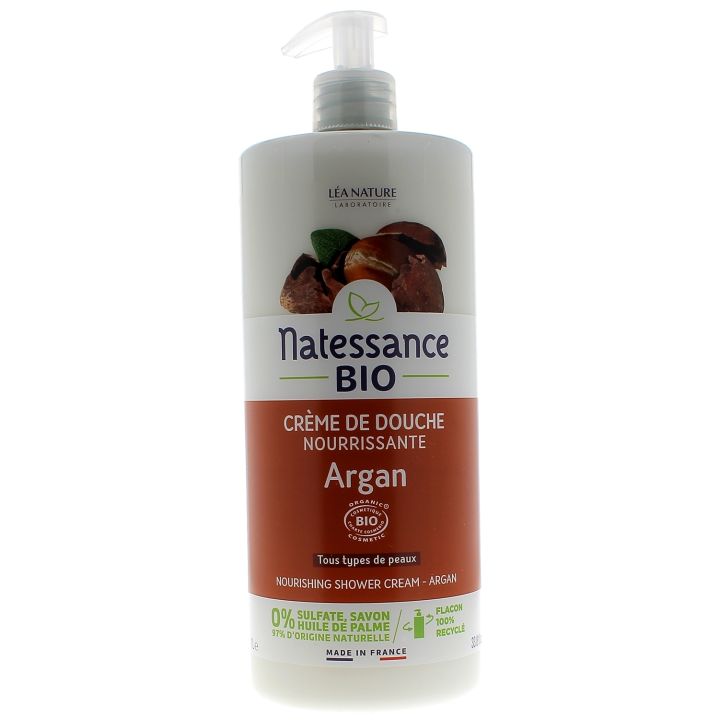 Cr&egrave;me de douche nourrissante argan Natessance - flacon-pompe de 1L