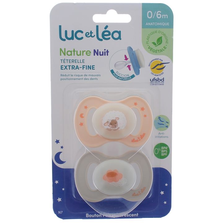 Nature sucettes anatomiques t&eacute;terelle extra-fine 0-6 mois mouton & bleu Luc et L&eacute;a - lot de 2 sucettes
