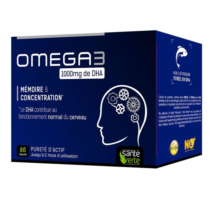 Om&eacute;ga 3 1000 mg de DHA m&eacute;moire et concentration Sant&eacute; Verte - 60 comprim&eacute;s