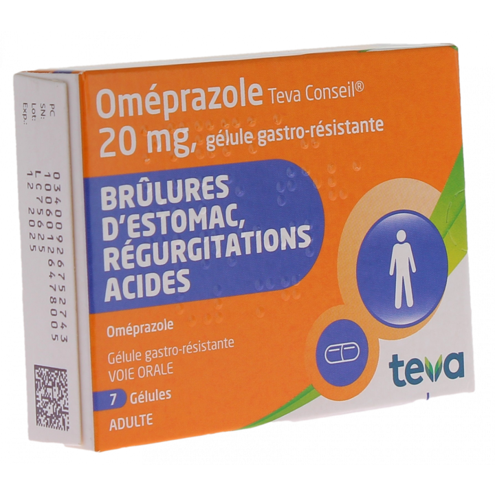 Om&eacute;prazole 20 mg Teva conseil - boite de 7 g&eacute;lules