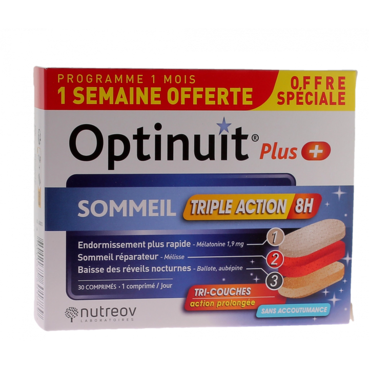 Optinuit Plus Sommeil triple action 8h Nutreov - bo&icirc;te de 30 comprim&eacute;s