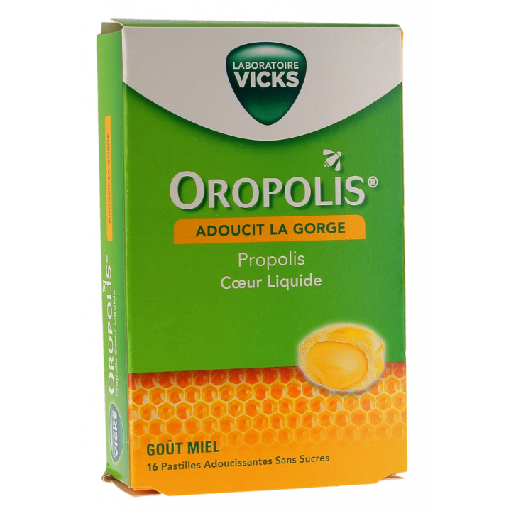 Oropolis coeur liquide go&ucirc;t miel sans sucres Vicks - bo&icirc;te de 16 pastilles