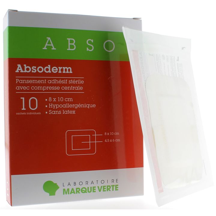 Absoderm Pansement adh&eacute;sif st&eacute;rile avec compresse centrale 8x10 cm Marque Verte - bo&icirc;te de 10 sachets individuels