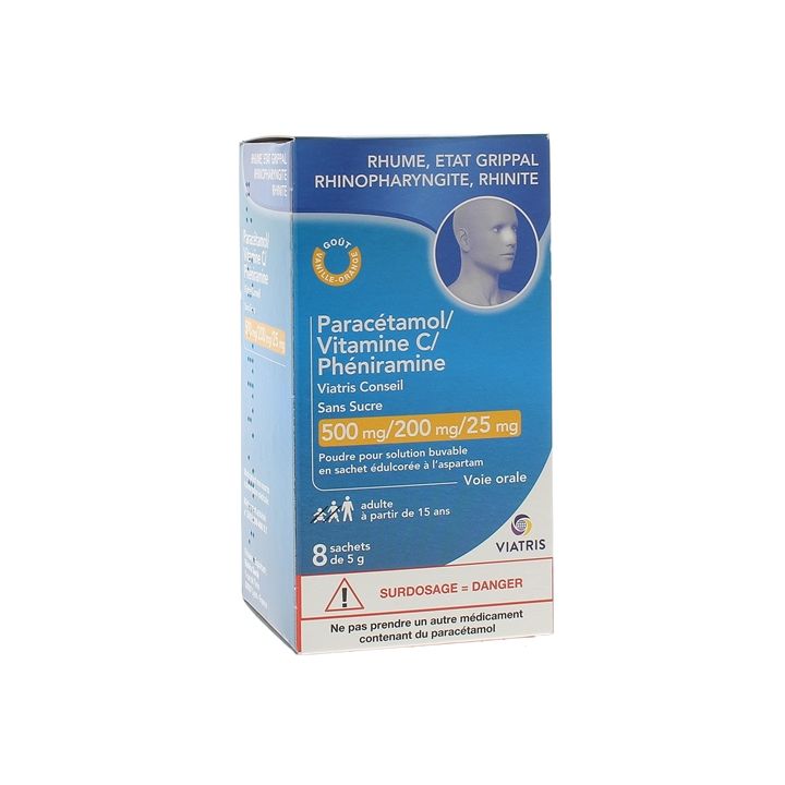Parac&eacute;tamol Vitamine C Ph&eacute;niramine sans sucre Mylan - 8 sachets de 5g