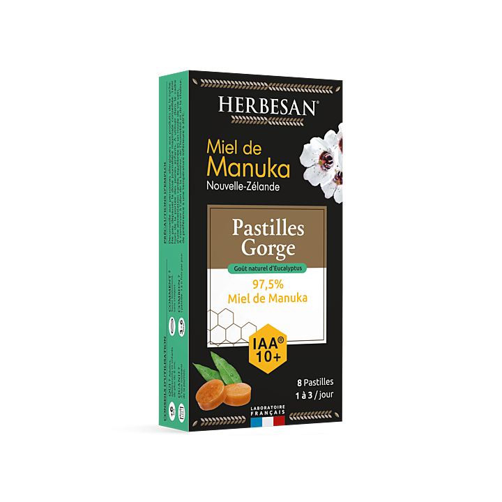 Pastilles gorge miel de manuka IAA10+ eucalyptus Herbesan - bo&icirc;te de 8 pastilles