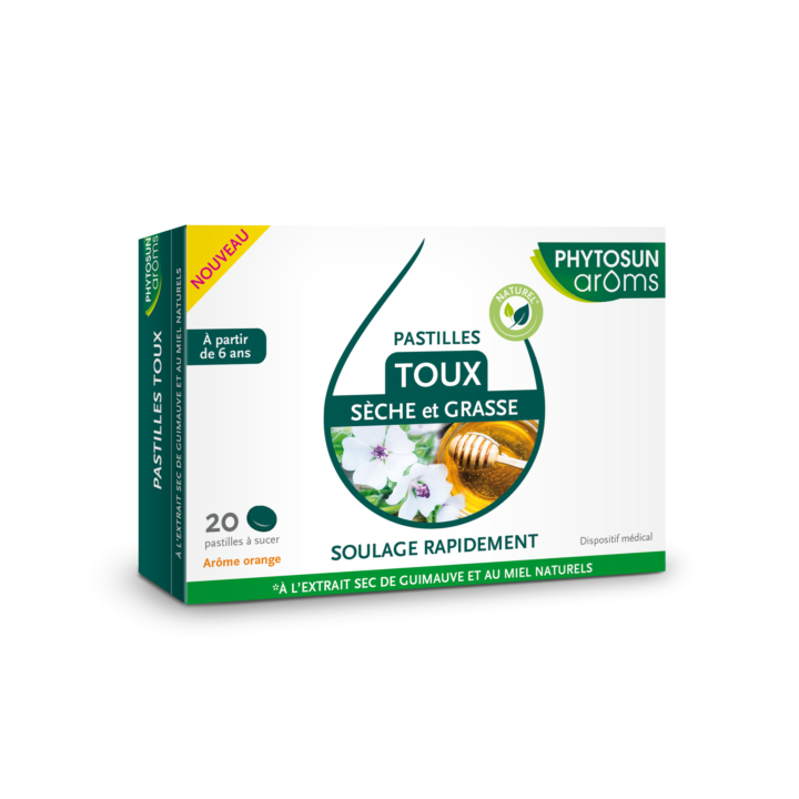 Pastilles toux s&egrave;che et grasse ar&ocirc;me orange Phytosun Ar&ocirc;ms - bo&icirc;te de 20 pastilles