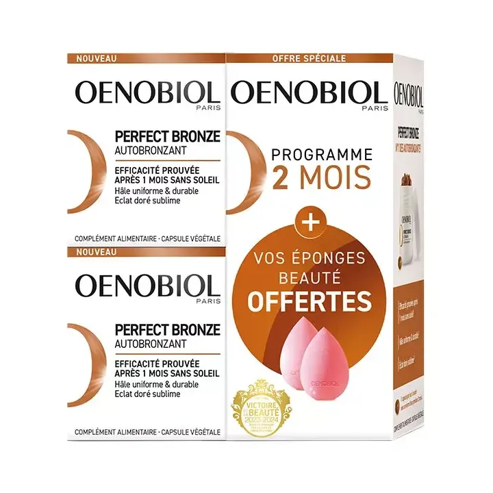 Perfect bronze autobronzant Oenobiol - lot de 2 boites de 30 g&eacute;lules + 2 &eacute;ponges offertes