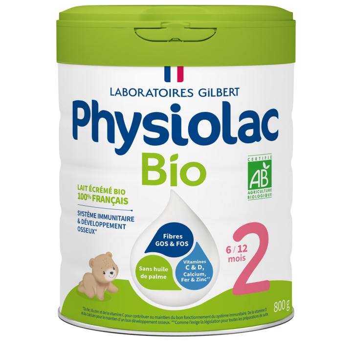 Lait bio 2&egrave;me &acirc;ge 6 &agrave; 12 mois Physiolac - pot de 800 g