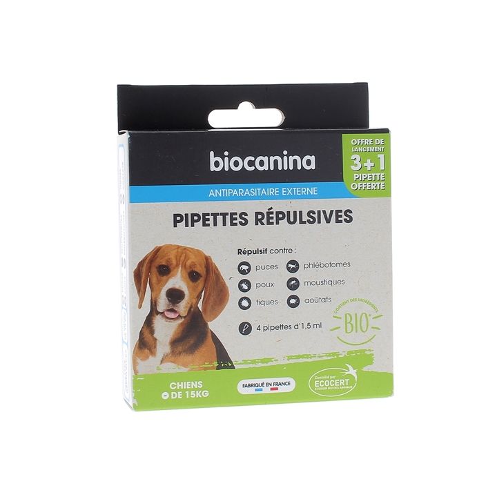 Pipettes r&eacute;pulsives chien (-15kg) Biocanina - bo&icirc;te de 4 pipettes de 1,5ml