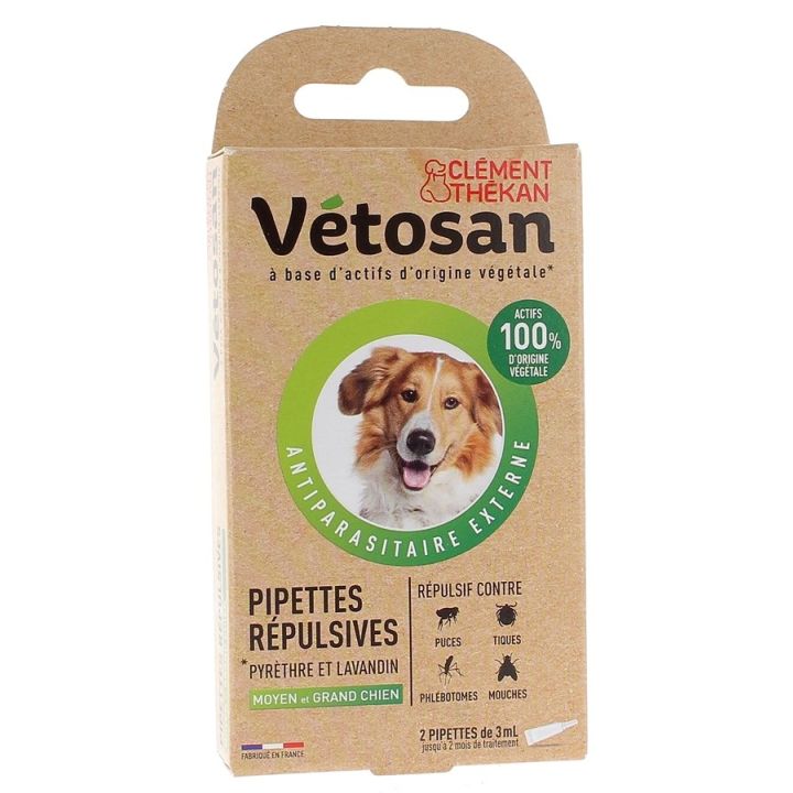 Pipettes r&eacute;pulsives moyen et grand chien v&eacute;tosan Cl&eacute;ment Th&eacute;kan - 2 pipettes de 3 ml