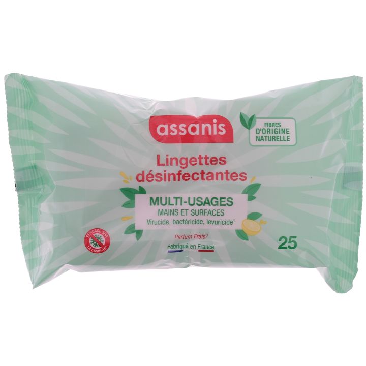Lingettes d&eacute;sinfectantes multi-usages Assanis - paquet de 25 lingettes