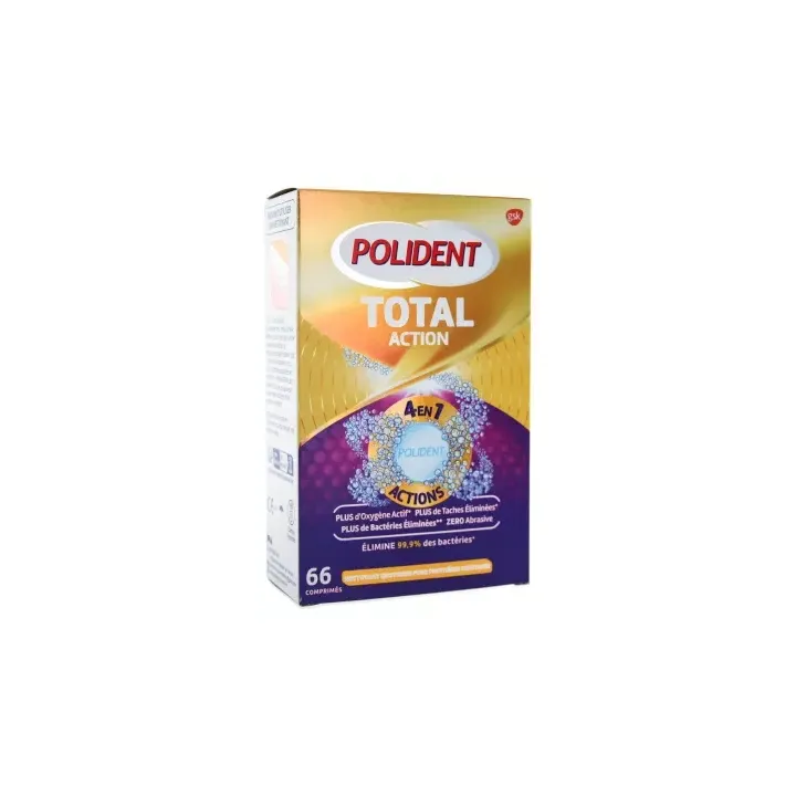Total action nettoyant 4 en 1 pour appareils dentaires Polident - bo&icirc;te de 66 comprim&eacute;s