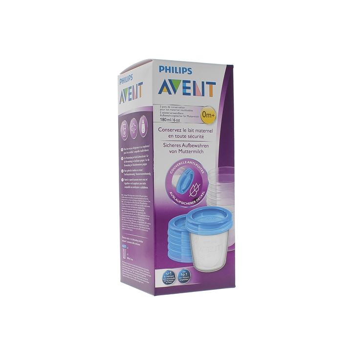 Pots de conservation lait maternel r&eacute;utilisables 0 mois et + Avent - bo&icirc;te de 5 pots de 180 ml