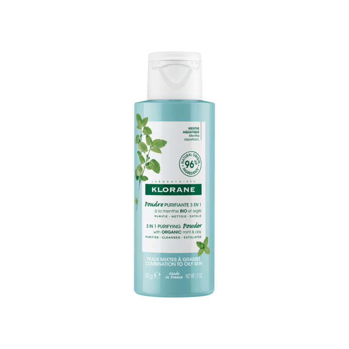 Poudre purifiante 3 en 1 &agrave; la menthe bio et argile Klorane - flacon de 50g