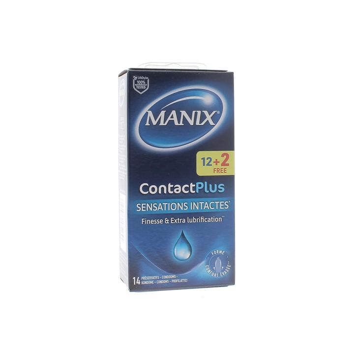 Pr&eacute;servatifs plus fins Contact Plus Manix - bo&icirc;te de 12 + 2 gratuits