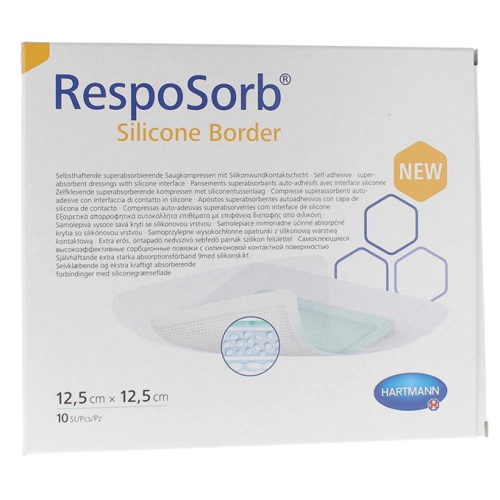 RespoSorb Silicone Border Pansements superabsorbants auto-adh&eacute;sifs avec interface silicon&eacute;e 12,5x12,5cm Hartmann - bo&icirc;te de 10 pi&egrave;ces