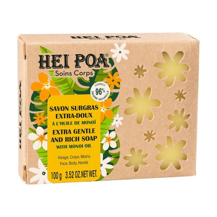 Savon surgras &agrave; l'extrait d'huile de monoi corps Hei Poa - pain de 100g