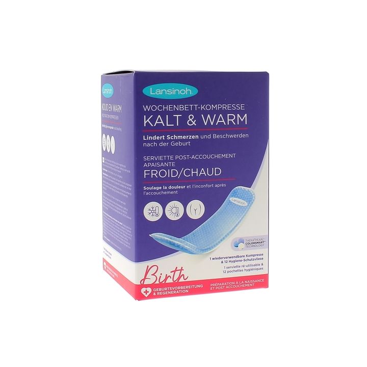 Serviette r&eacute;utilisable flexible post accouchement apaisant froid/chaud Lansinoh - bo&icirc;te d'une serviette + 12 pochettes jetables