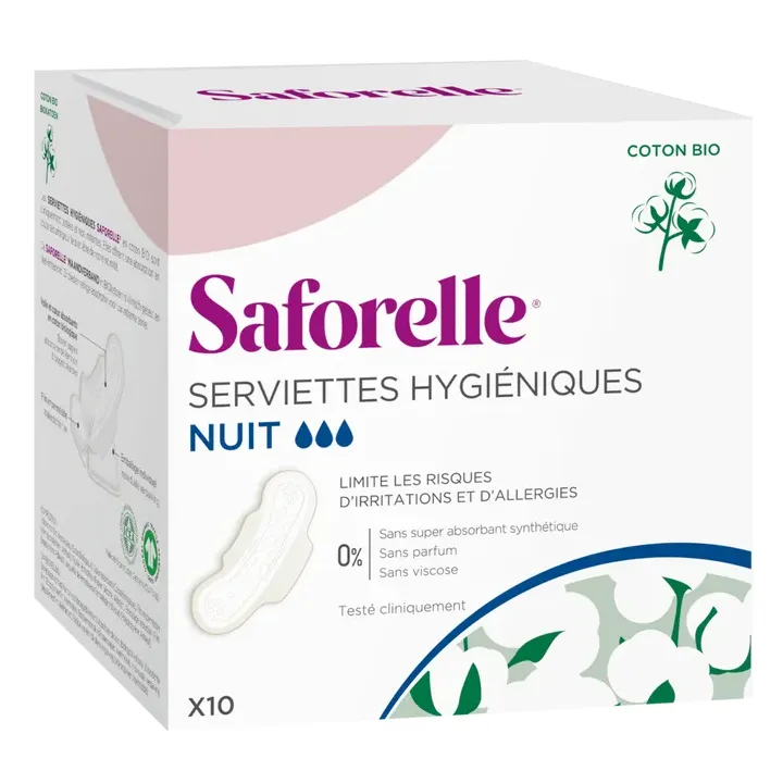 Serviettes hygi&eacute;niques nuit en coton bio Saforelle - bo&icirc;te de 10 serviettes