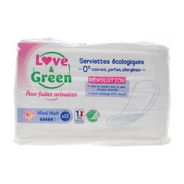 Serviettes &eacute;cologiques fuites urinaires maxi nuit Love & Green - sachet de 12 serviettes