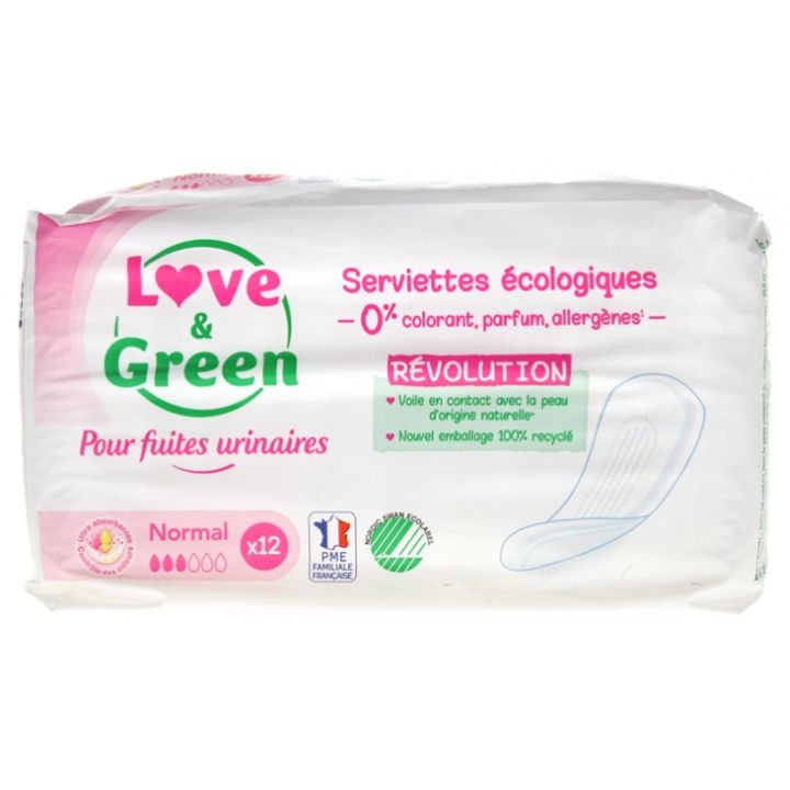 Serviettes &eacute;cologiques fuites urinaires normal Love & Green - sachet de 12 serviettes