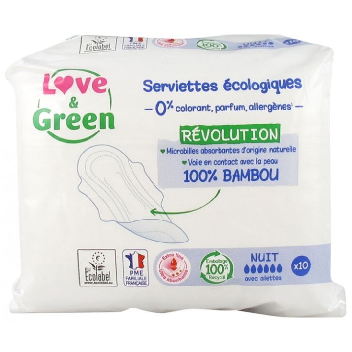 Serviettes hypoallerg&eacute;niques nuit Love & Green - sachet de 10 serviettes