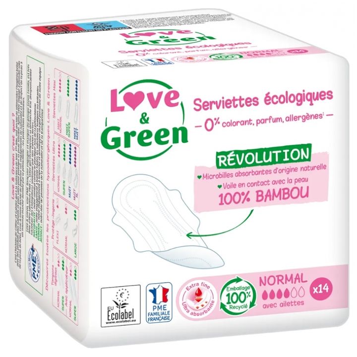 Serviettes hypoallerg&eacute;niques Normal Love & Green - sachet de 14 serviettes