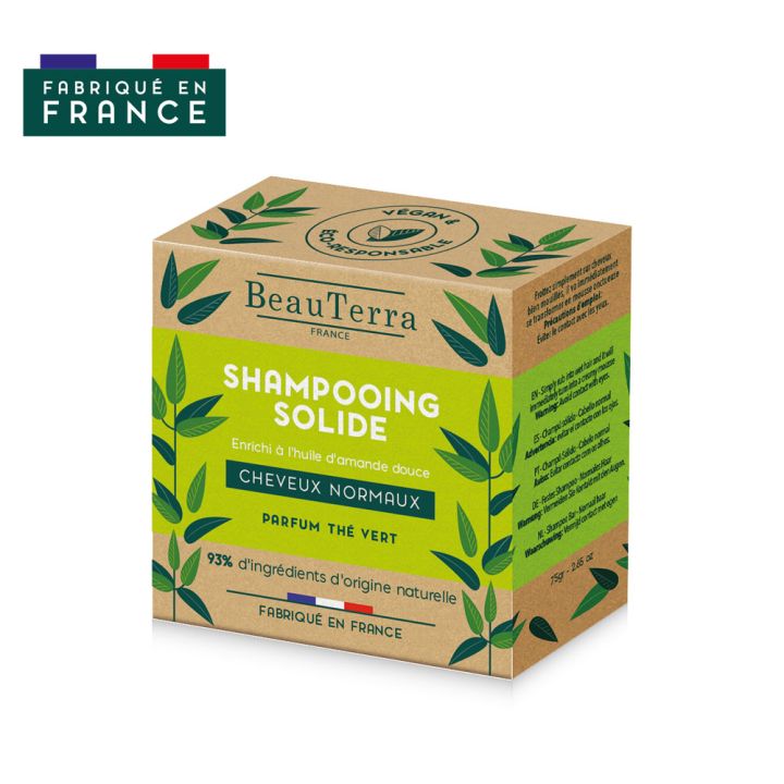 Shampoing solide cheveux normaux parfum th&eacute; vert BeauTerra - Shampoing de 75 g