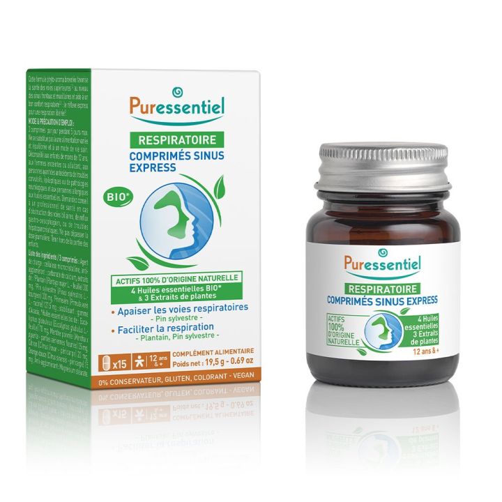 Sinus express aux huiles essentielles bio Puressentiel - bo&icirc;te de 15 comprim&eacute;s