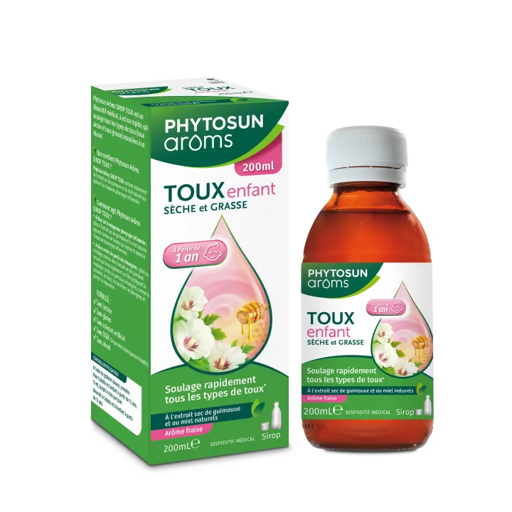 Sirop toux enfants ar&ocirc;me fraise Phytosun Ar&ocirc;ms - flacon de 200ml
