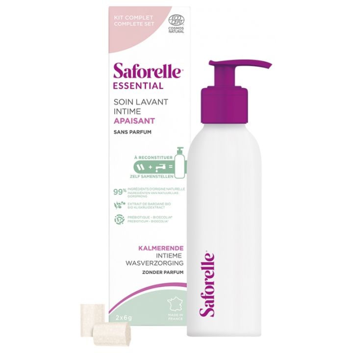 Soin lavant intime apaisant kit de d&eacute;marrage Saforelle - bo&icirc;te d'un flacon + 2 b&acirc;tonnets