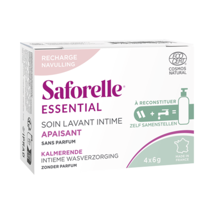 Soin lavant intime apaisant recharge Saforelle - boite de 4 b&acirc;tonnets de 6g