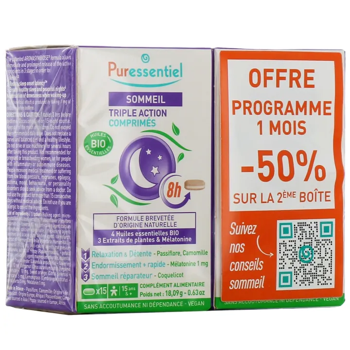 Sommeil Triple action Puressentiel - lot de 2 pots de 15 comprim&eacute;s
