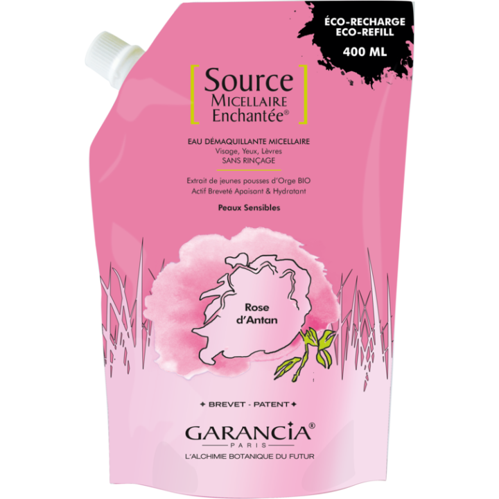 Source Micellaire Enchant&eacute;e eau d&eacute;maquillante rose d'antan Garancia - eco-recharge de 400 ml