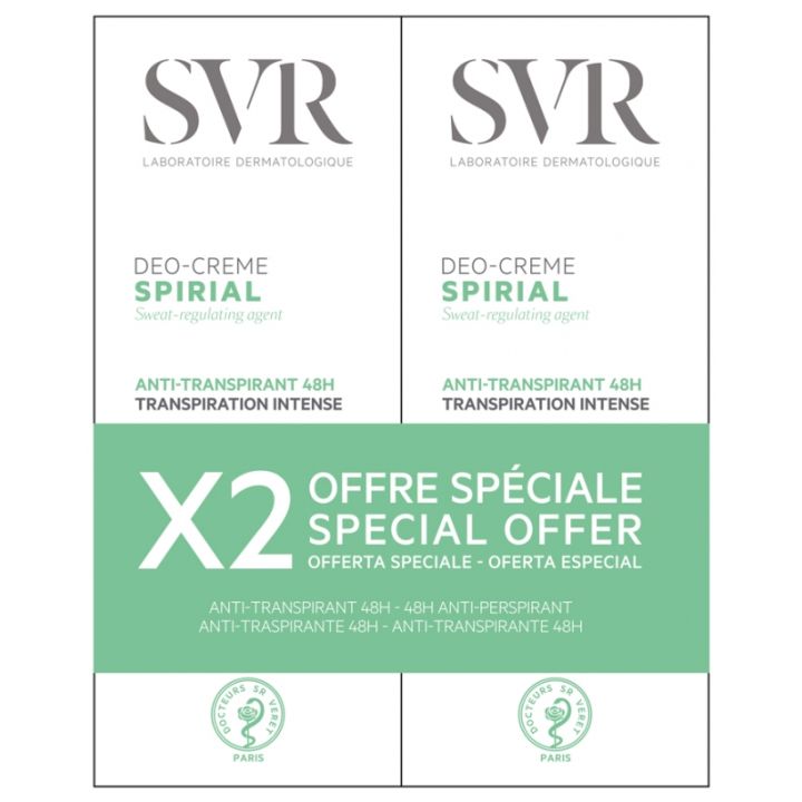 Spirial cr&egrave;me d&eacute;odorant anti-transpirant intense 48h SVR - lot de 2 tubes de 50 ml
