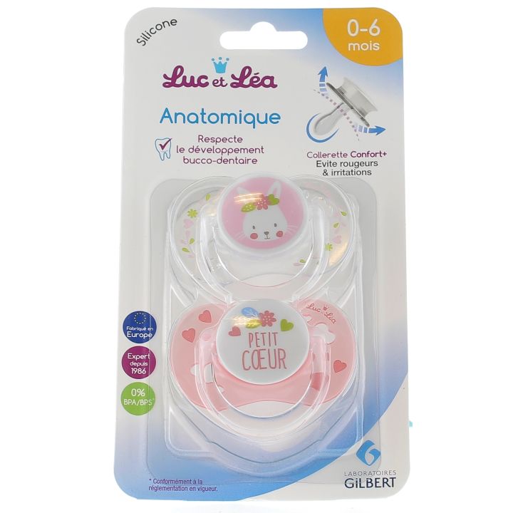Sucettes Silicone Anatomiques avec anneau 0-6 mois mod&egrave;le Lapin/ Coeur Luc et L&eacute;a - 2 sucettes