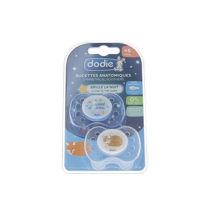 Sucettes anatomiques +6 mois sp&eacute;ciales nuit Dodie - lot de 2 sucettes